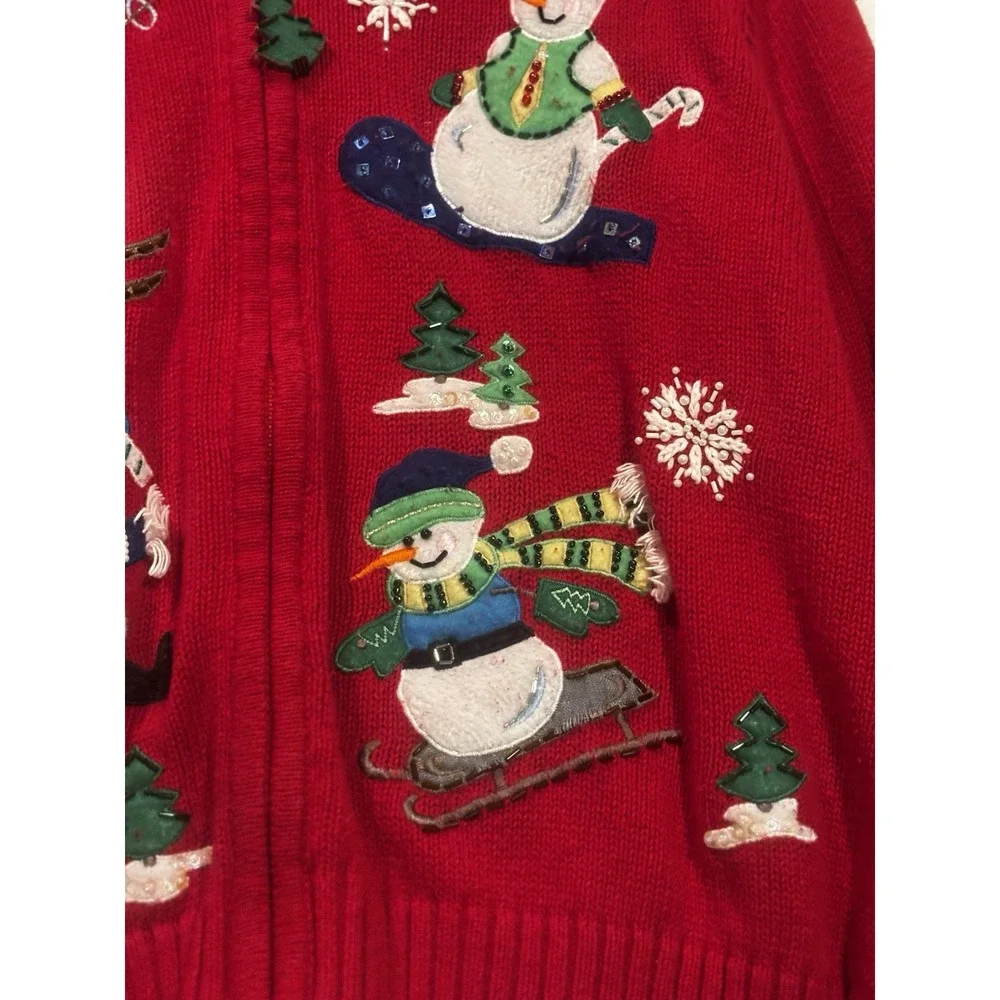VTG Ms. Lee Winter  XL‎ Sweater Women's Cardigan Snowmen Embroidered Full Zip